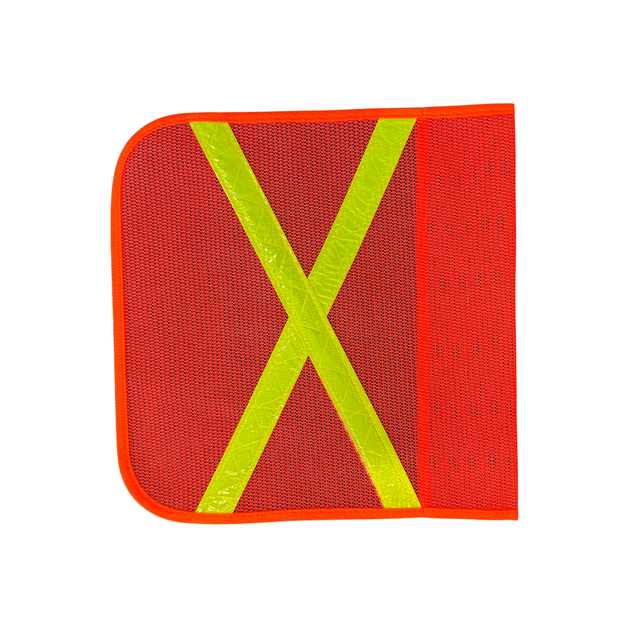 Square orange buggy whip replacement safety flag with reflective yellow cross for mining and off-road vehicles