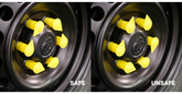 Two views of a ACOT500 wheel with yellow wheel nuts, labeled 'SAFE' and ' UNSAFE'.